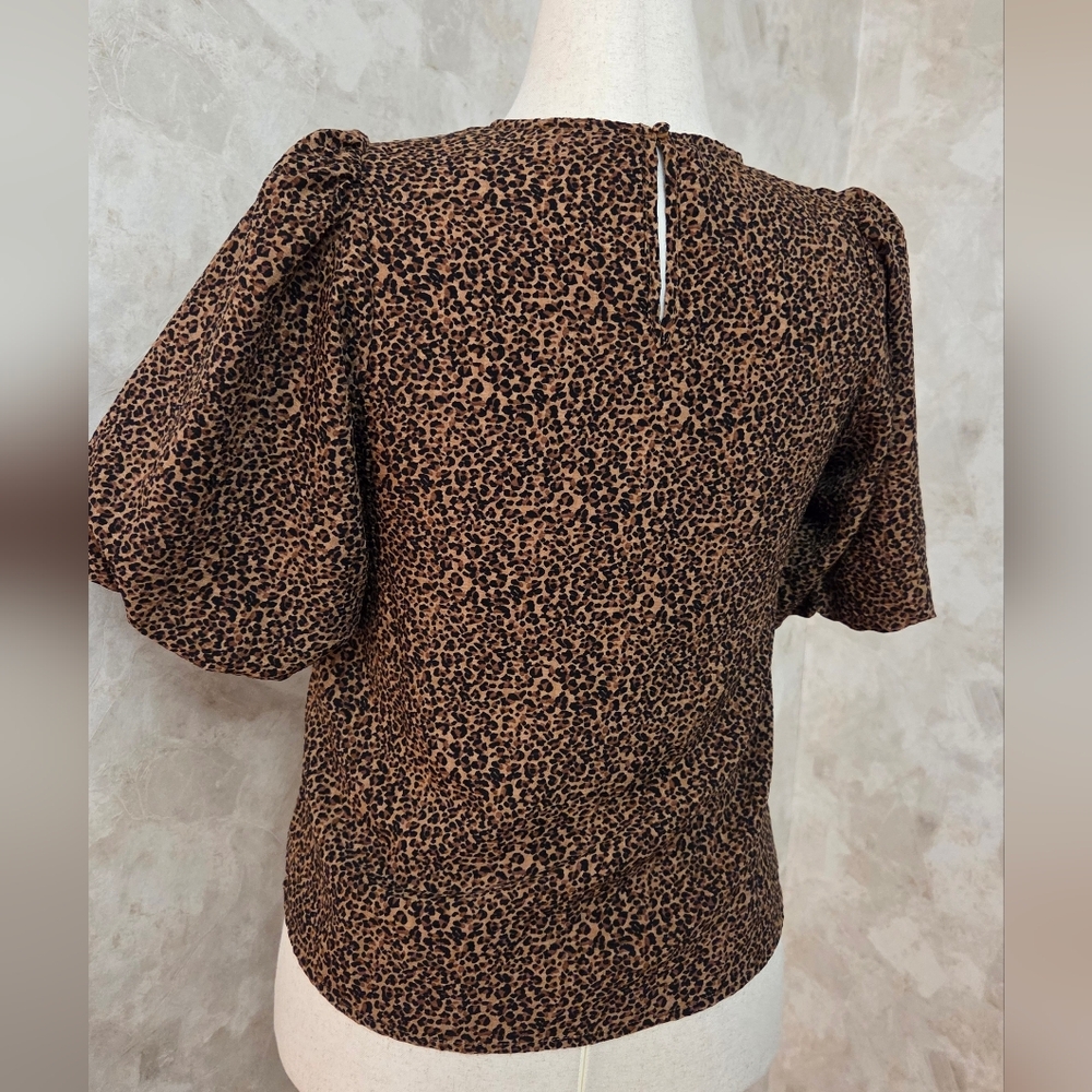 THML Leopard Print Puff Sleeve Blouse Faux Leather Trim XS - Picture 5 of 12